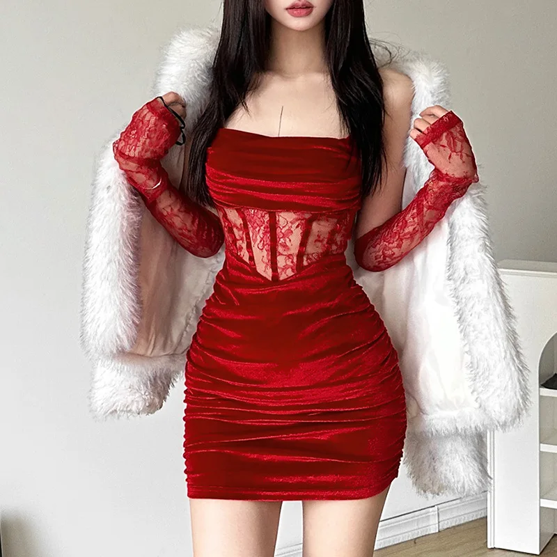 Nibber Winter Bachelor Party Solid Coquette Velvet Tight Sexy Fit Hot Mature Charm Women Fishbone Sling Dress With Lace Sleeve