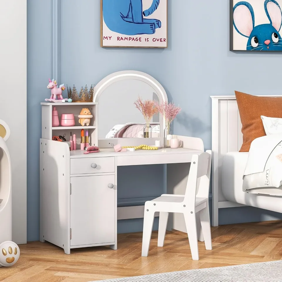 Lighted Kids Vanity Set with Storage and Chair