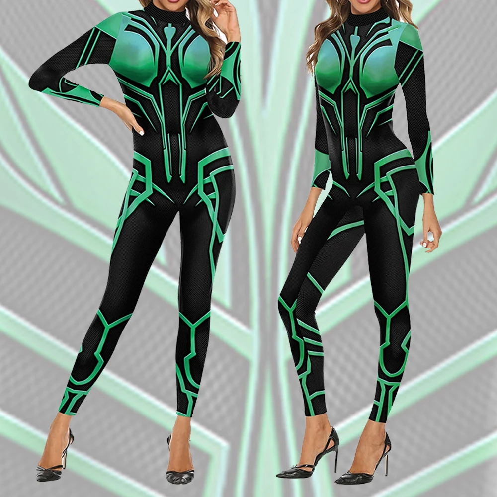 

Halloween Sexy Jumpsuit Women Green Design Print Holiday Cosplay Costume Holiday Party Disguise Oufit Female Bodysuit Catsuit