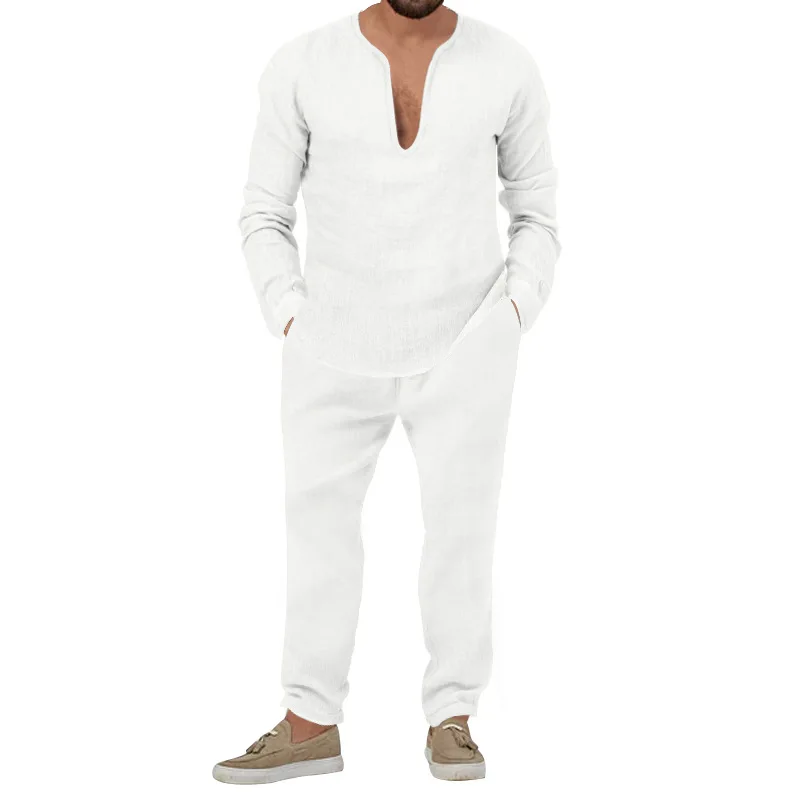 Mens Waffle Long Sleeved Lapel V-neck Top Drawstring Pants Tracksuits 2Pcs Set Outfit Long Sleeve Pants Suit Casual Clothing Set