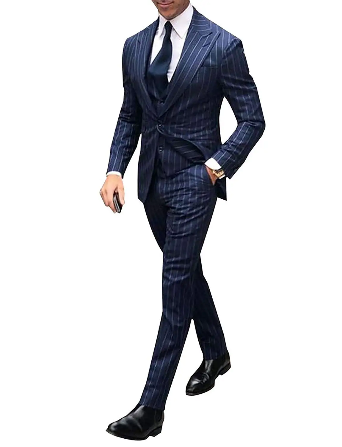 Men's One Button Pinstripe Suit Peaked Lapel Jacket Tux Vest Trousers Dress Groom Business Tuxedos men suits wedding prom suits
