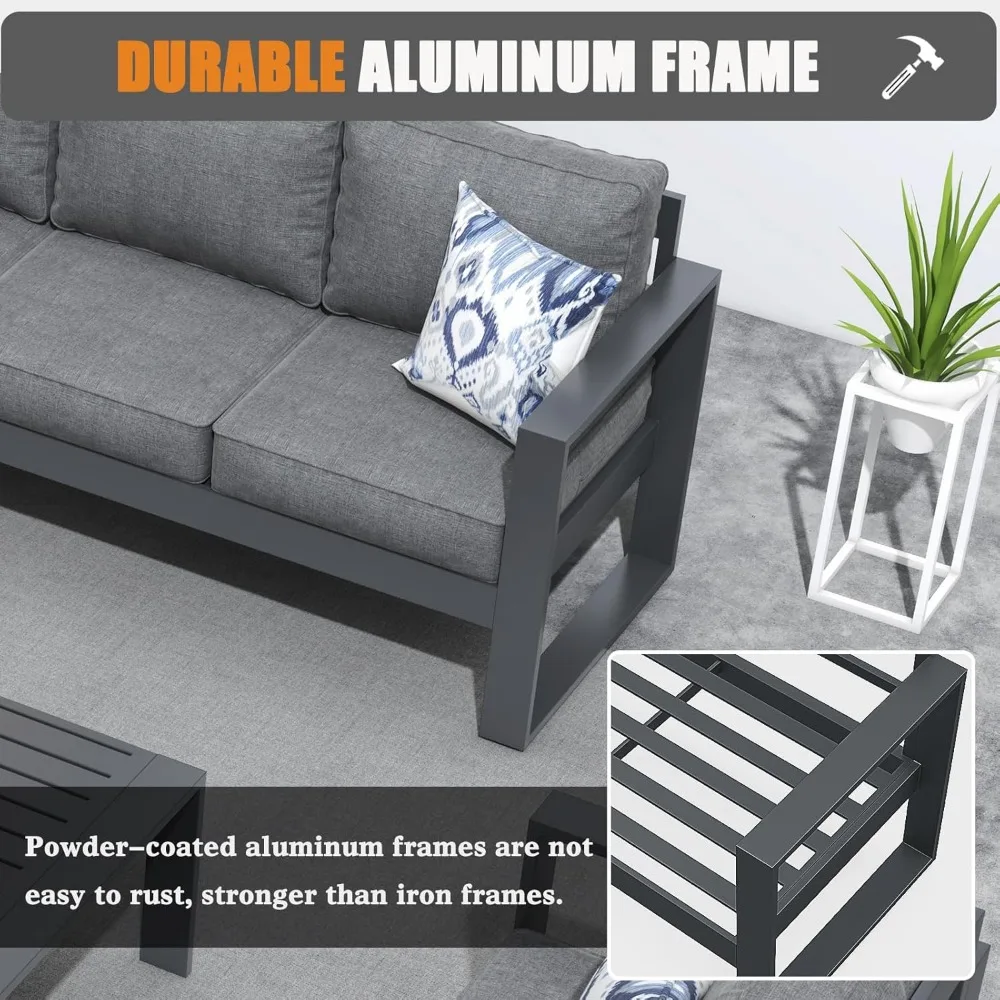 Modern Aluminum Patio Furniture Set,Outdoor Patio Sectional Conversation Metal Seating Sets with Olefin Cushion Coffee Table 5