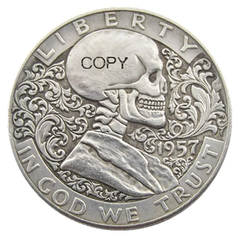 Fk(03) Hobo Creative 1957 Mf Silver Half Dollar Skull Zombie Skeleton Intagliato A Mano Copia Monete