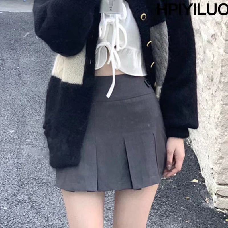 HPIYILUO  Vintage Gray Pleated Skirt Women Kawaii High Waist Mini Skirts Korean Fashion School Uniform Harajuku Streetwear Sprin long skirts