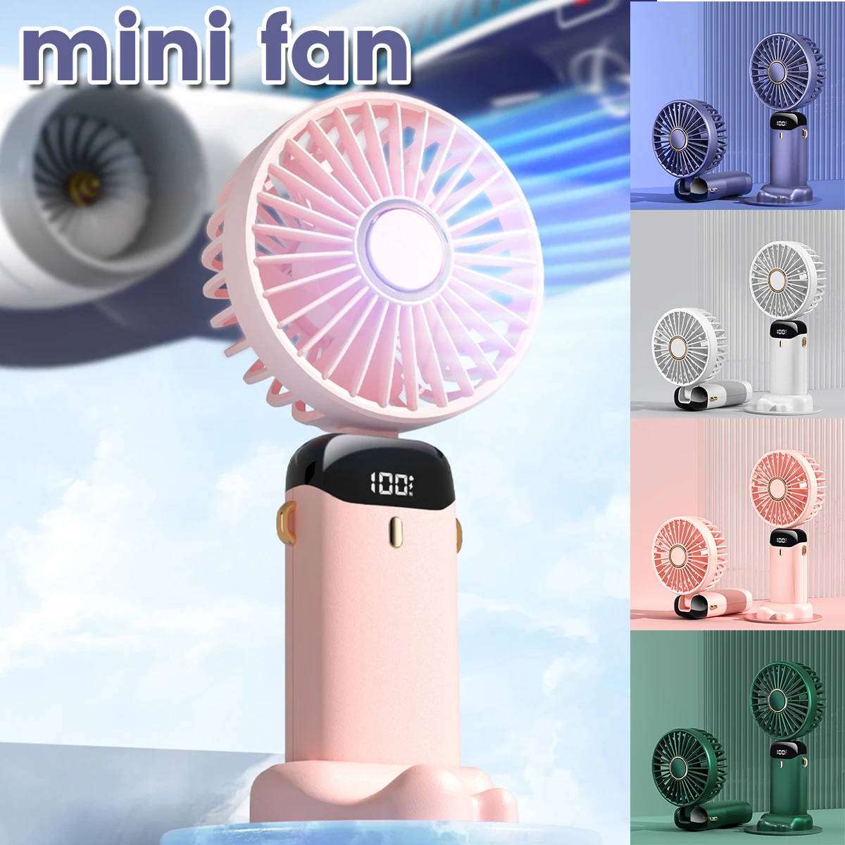 

USB Mini Handheld Fan 5 Speeds Strong Wind Portable Lanyard Fan 3000mAh Rechargeable Cooling Fan with Detachable Cover 90°