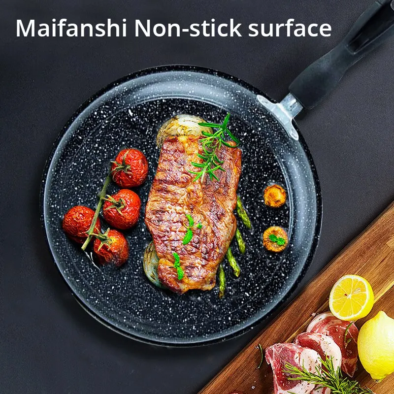 1pc Medical Stone Non-stick Frying Pan Flat Bottom Cooker for Home (Black)