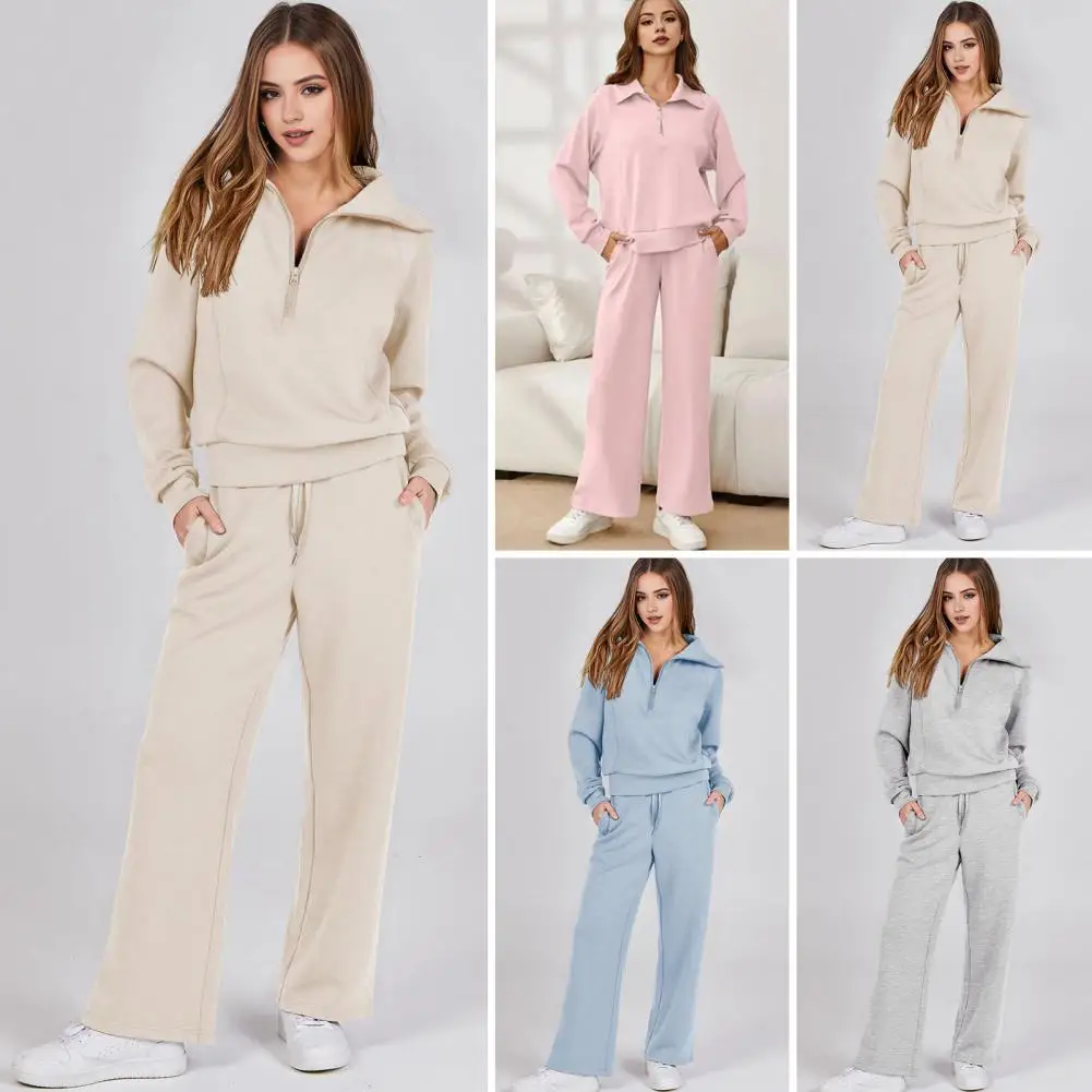 2 Pieces/set Of Women's Tops And Pants Suits Solid Color Zipper Lapels Long-sleeved Sweatshirts Wide-leg Pants Casual Pants Sets