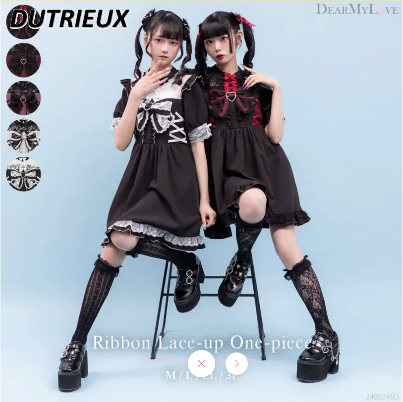 Japanese Style Sweet Cute Casual Dress for Lady Lace Stitching Big Bow Lace Up Slimming Spring Sutumn Women's Short Dresses