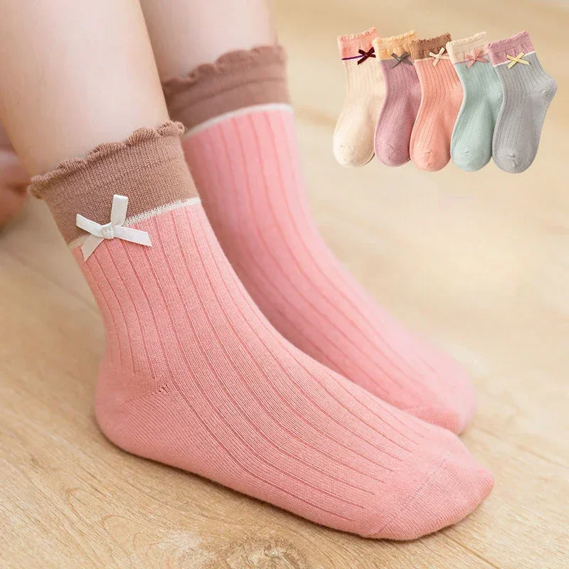 

New 5 Pairs Kids Girls Socks Exquisite Cute Bow Princess Lace Socks Combed Cotton Breathable Socks For 1-12 Years Old Children