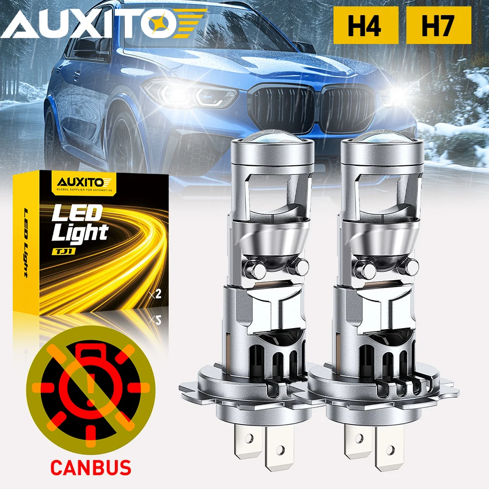 2개 AUXITO H4/H7 LED 스포트라이트 터보 헤드라이트 캔버스 화이트 프로젝터 램프 렌즈 포함 하이 로우 빔 좌측 운전용 12V 20000LM
