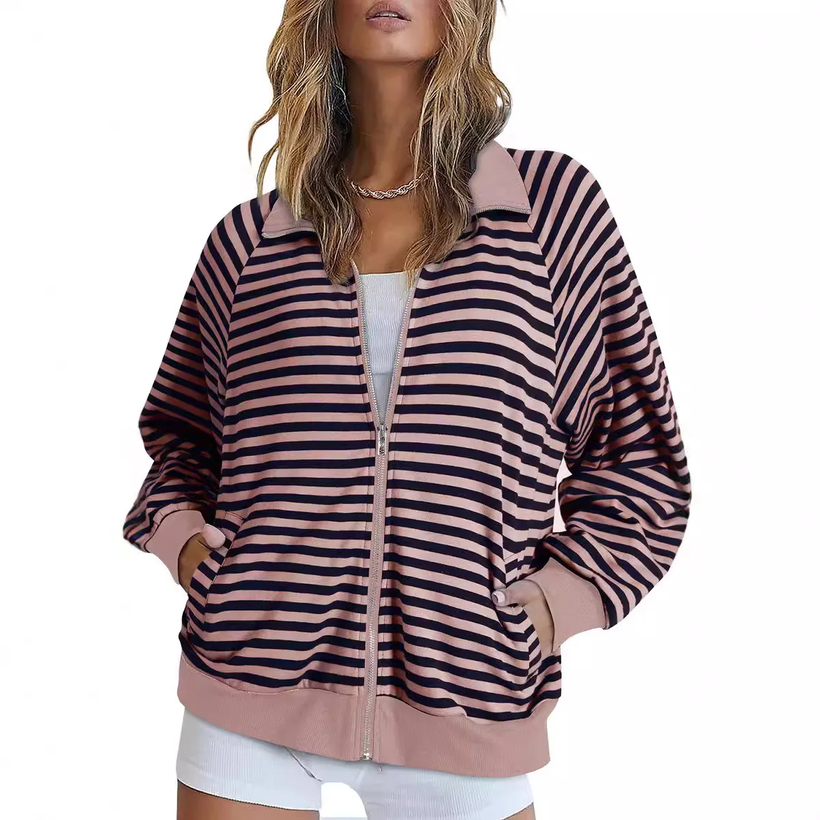 Women Autumn Striped Zip Up Jacket