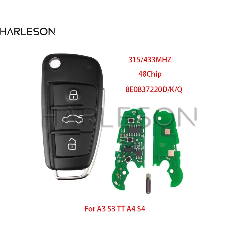 3Buttons Smart Car Remote Key for Audi A3 S3 TT A4 S4 2005-2013 315/433MHZ ID48Chip 8E0837220D/8E0837220Q/8E0837220K new real leather car smart key cover case shell key chain for audi q3 q5 sline a3 a5 a6 c5 a4 b6 b7 b8 tt 80 s6 c6 remote holder