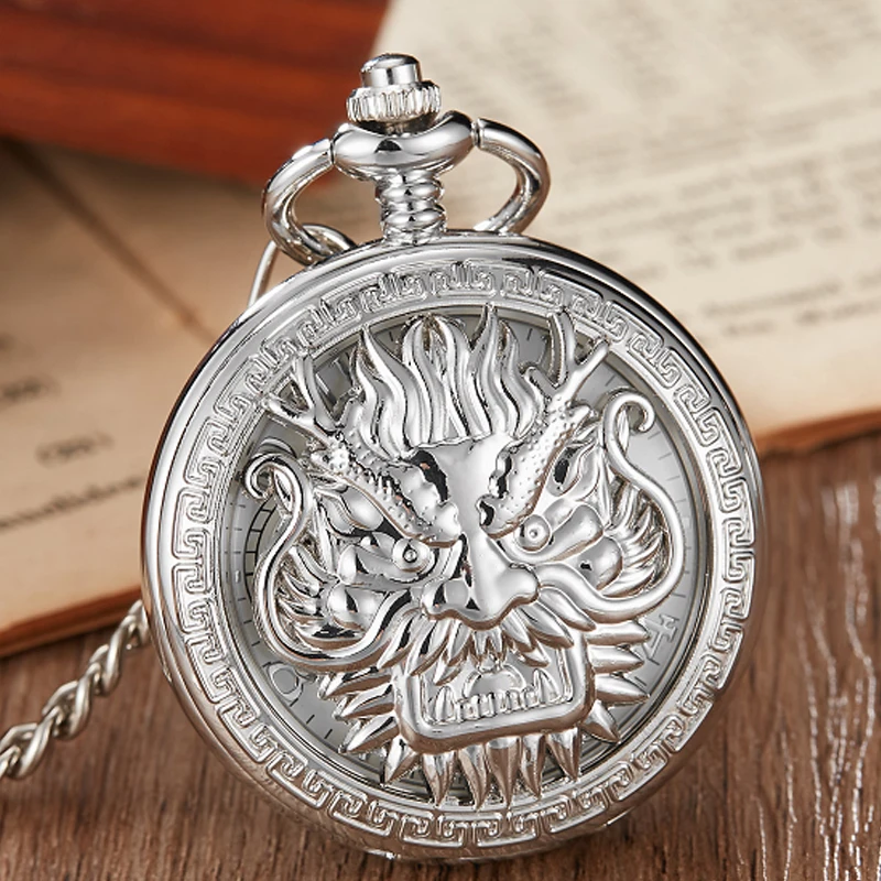 Vintage Chinese Unicorn Kylin Mechanical Pocket Watch Analog Skeleton Men Chain Stainless Steel Hand Wind Watch Necklace