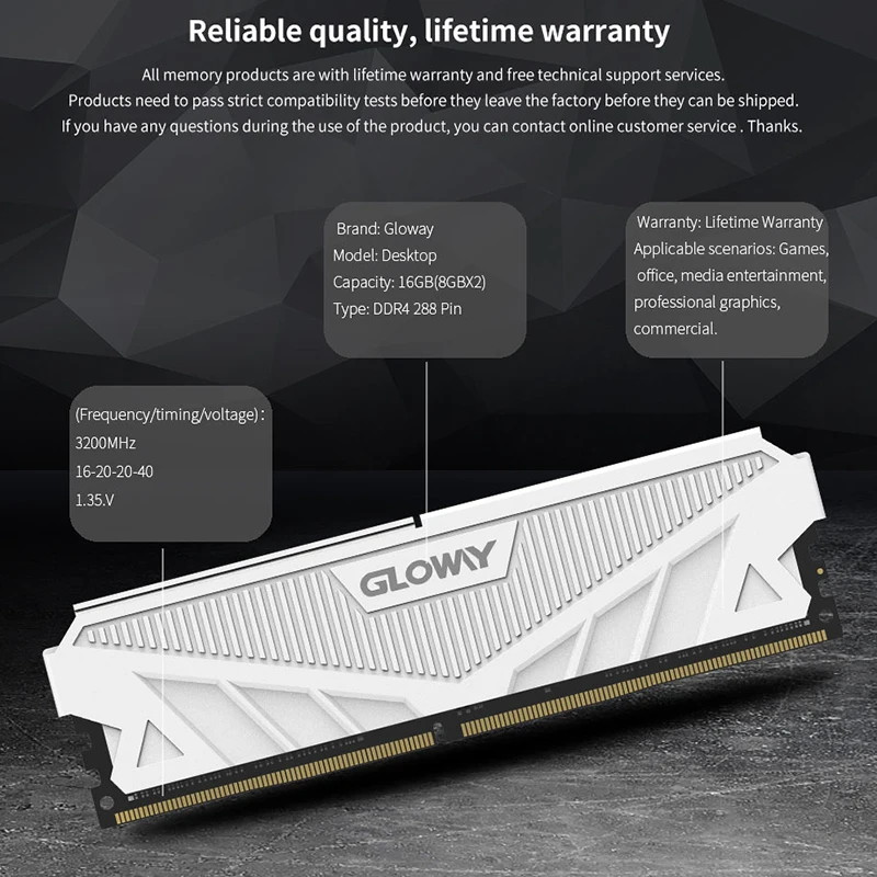 Gloway-Mémoire RAM DDR4 pour ordinateur de bureau, 3200MHz, RVB, 8 Go X2,  3600MHz, 16 Go X2, 32 Go, garantie à vie