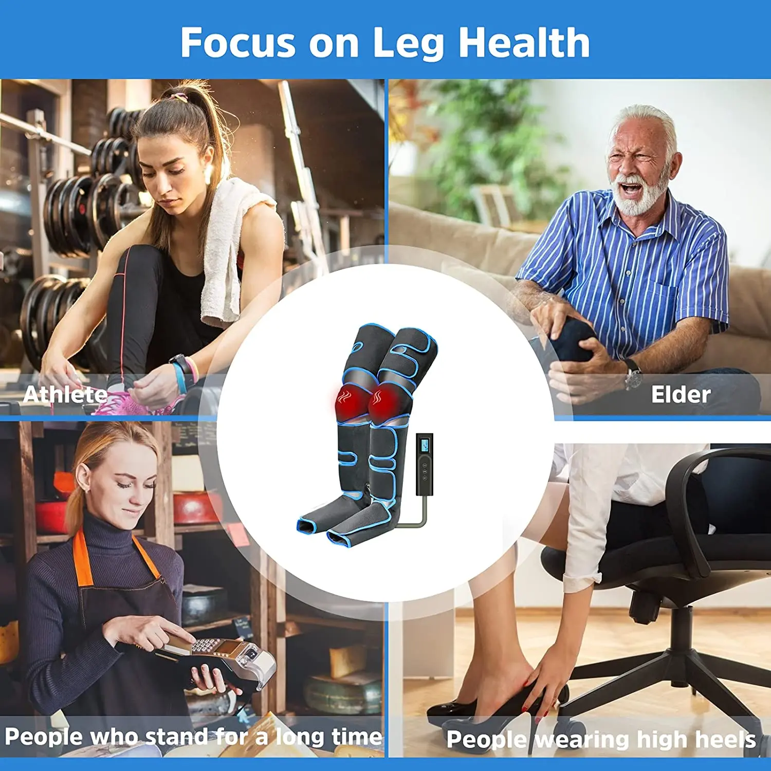 Massaggiatore Airpress per gambe, compressione polpaccio, massaggio ai piedi, muscoli, sollievo dal dolore, stivali, dispositivo con controller portatile, calore per ginocchia_voghion.com