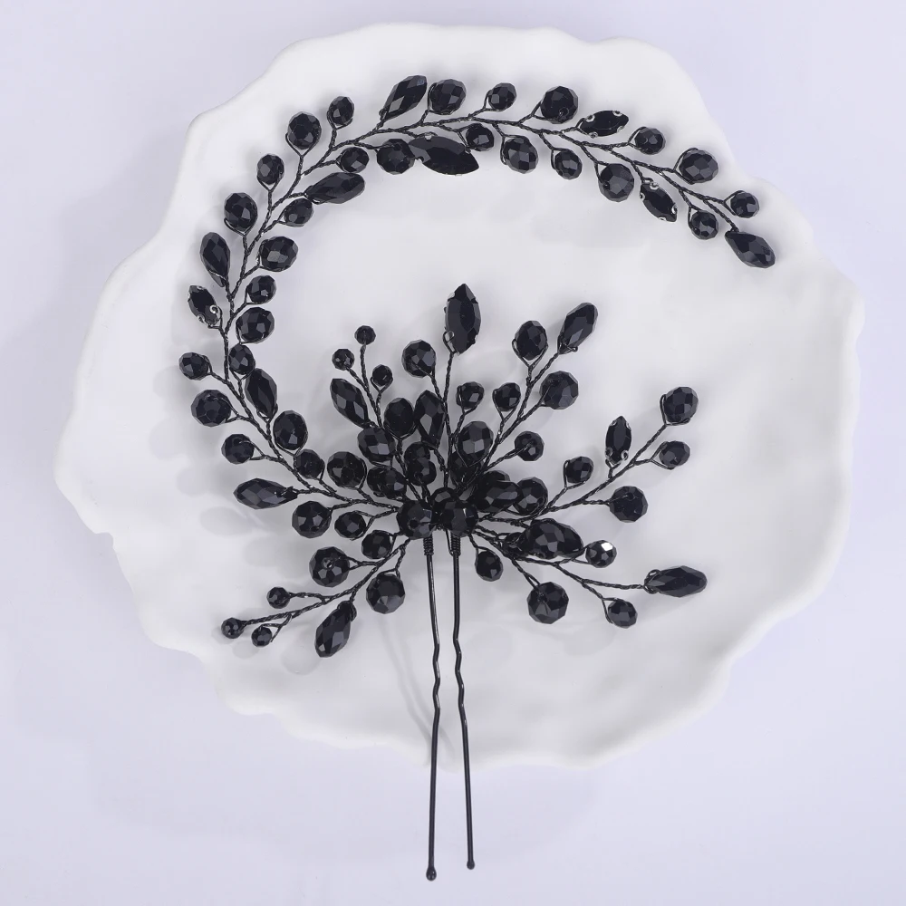 Black Crystal Bridal Hair Pins Headband Wedding Hair Accessories Jewelry Handmade Party Headpiece for Women and Girls Tiaras