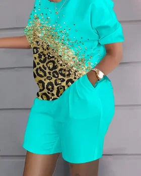 Women Print Two Piece Shorts Sets Matching Sets Short Sleeve T Shirts Pockets Elastic Waist Trousers Y2k Tops Suits Summer 2025 1