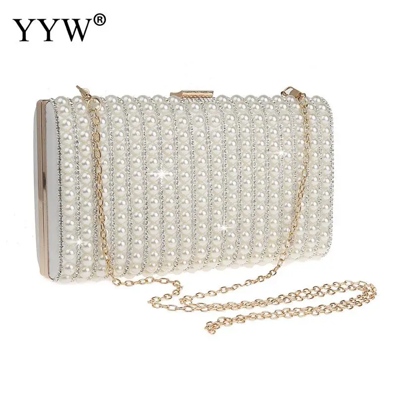 Elegant Pearl Beads Rhinestone Women Evening Clutch Handbag Square Wedding Bridal Diamond Messenger Purse Lady Metal Chain Bag