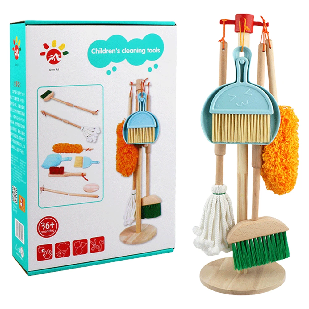 Wooden Montessori Cleaning Toys with Kids Broom and Mop Set Housework Pretend Play Toy Kids Cleaning Toy Set for Toddlers
