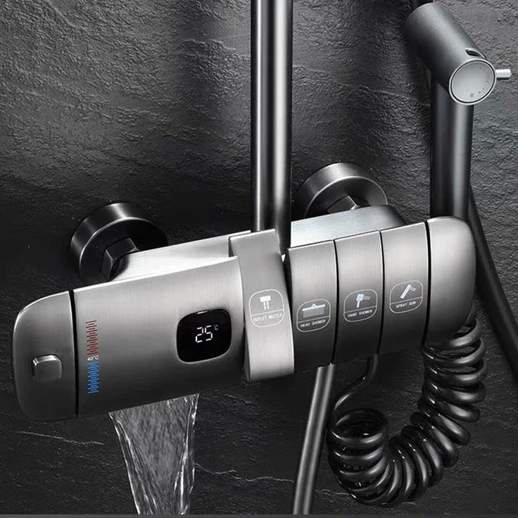 White Piano Digital Shower System Rainfall Shower Head Brass Hot Cold Bathroom Mixer Faucets Tap Thermostatic Piano Shower Set 5