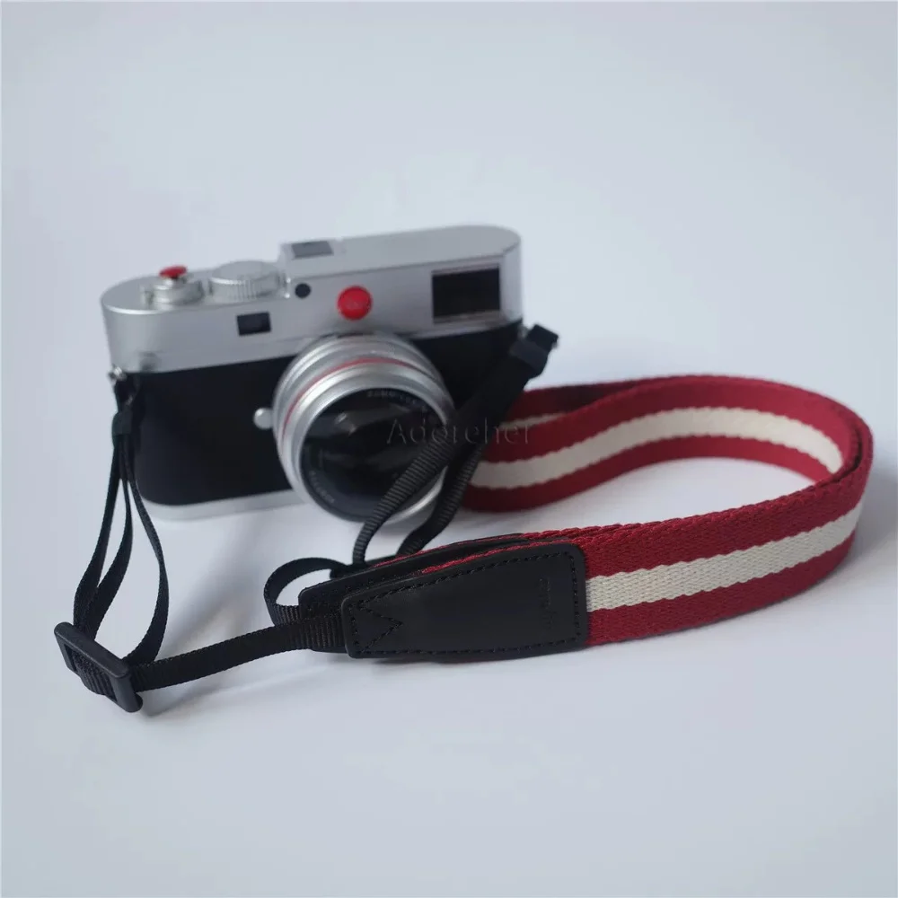 빈티지 스타일 레드-화이트 스트라이프 카메라 넥 스트랩, 조절 가능한 가죽 엮임 벨트, DSLR/미러리스 카메라 호환