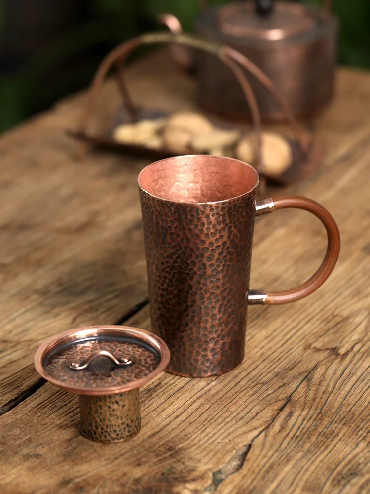 Handmade thickened pure red copper mug vintage tea water cup with cover  coffee milk breakfast cup metal drinkware