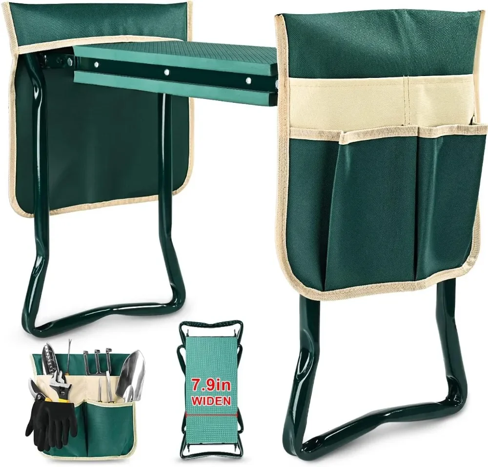 Upgraded Garden Kneeler and Seat with Thicken & Widen Soft Kneeling Pad Heavy Duty Foldable Gardener Stool with 2 Tool Pouches