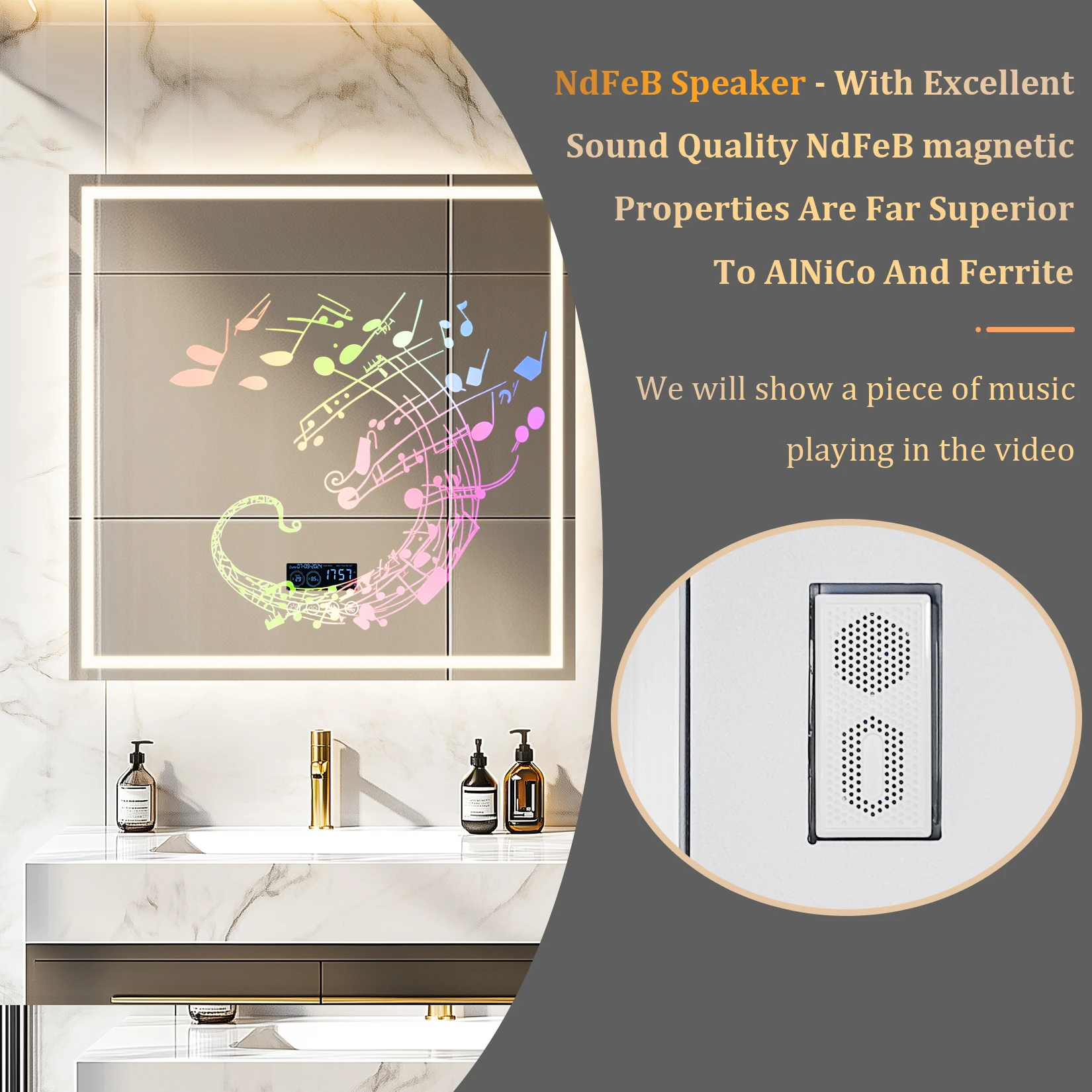 Wisfor LED Lighted Bathroom Mirror 32 Inch Square Lighted Bluetooth Speaker Dimmable Wall Vanity Mirror Temperature Time Display 6