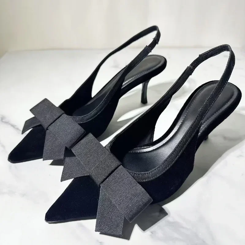 Women High Heeled Shoes Pointed Toe Slingbacks Bowknot Decoration Elegant Vintage Wedding Party Dress Sandals for Ladies