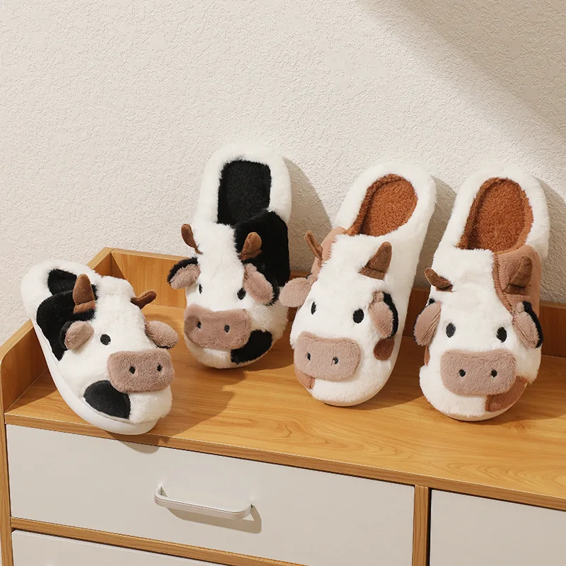 

Cow Cotton Slippers 2023 Winter New Floor Plush Slippers Home Indoor Thermal Insulation Men's Cotton Slippers Cartoon Fun shoes