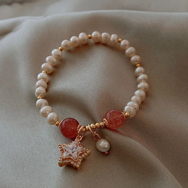 100% Perle D'Acqua Dolce Barocche Naturali E Quarzo Fragola Trendy Shiny Crystal Star 14K Gold Filled Bracciali Femminili Gioielli