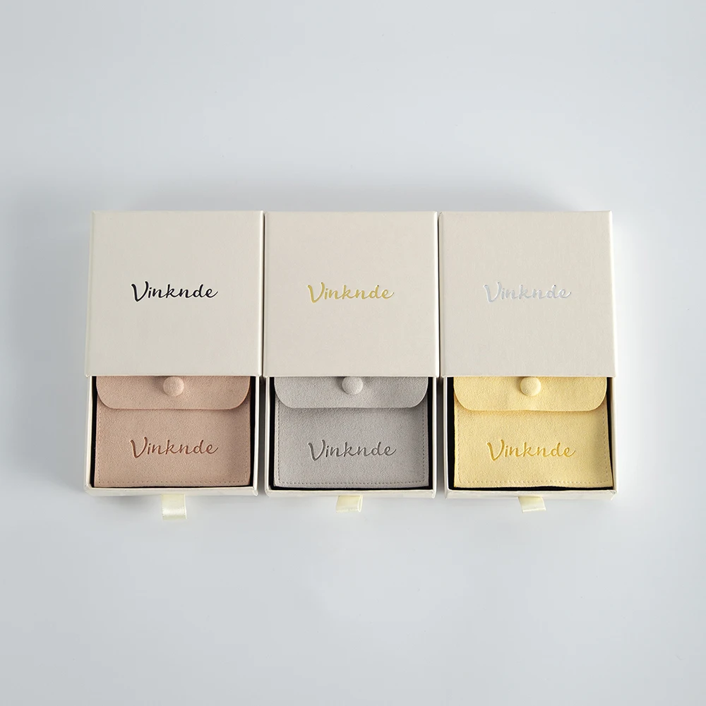 9x9x2.5cm Beige Drawer Box Microfiber Button Snap Pouches Set Custom Logo Jewelry Packaging Gift Bags Boxes Wedding Party Gift