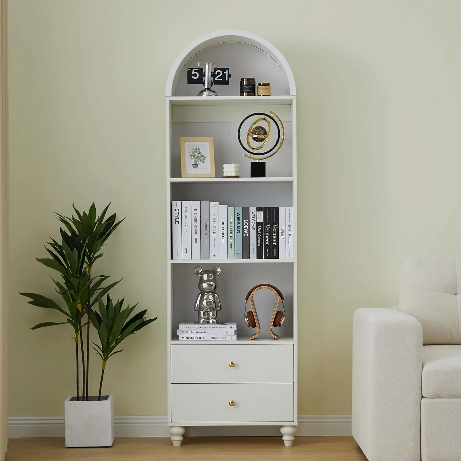 75.59" Tall Bookcase, 4 Tier Arched Bookshelf with 2 Drawers, Modern Book Display Storage Cabinet for Living Room, Bedroom 3