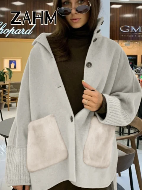 Casual Knitted Faux Fur Patchwork Coat Women Turtleneck Single Breasted Pocket Coats Female 2025 Winter Lady Knitwear New 3