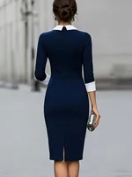 Robe mi-longue crayon à col en V et manches 3/4 contrastées pour femmes, moulante, idéale pour le bureau, les affaires, les soirées formelles et le travail. 6