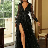 Silk Mesh Sequins Evening Gown – Black Long Dress for Events