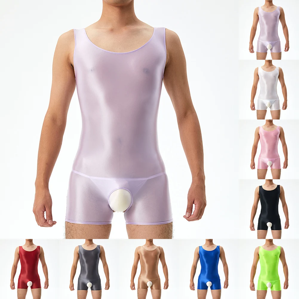 Sexy Mens Classic Glossy Crotchless Sleeveless Slight Strech Erotic Shorts Seamless Jumpsuits Comfortable Bodysuit Underwear