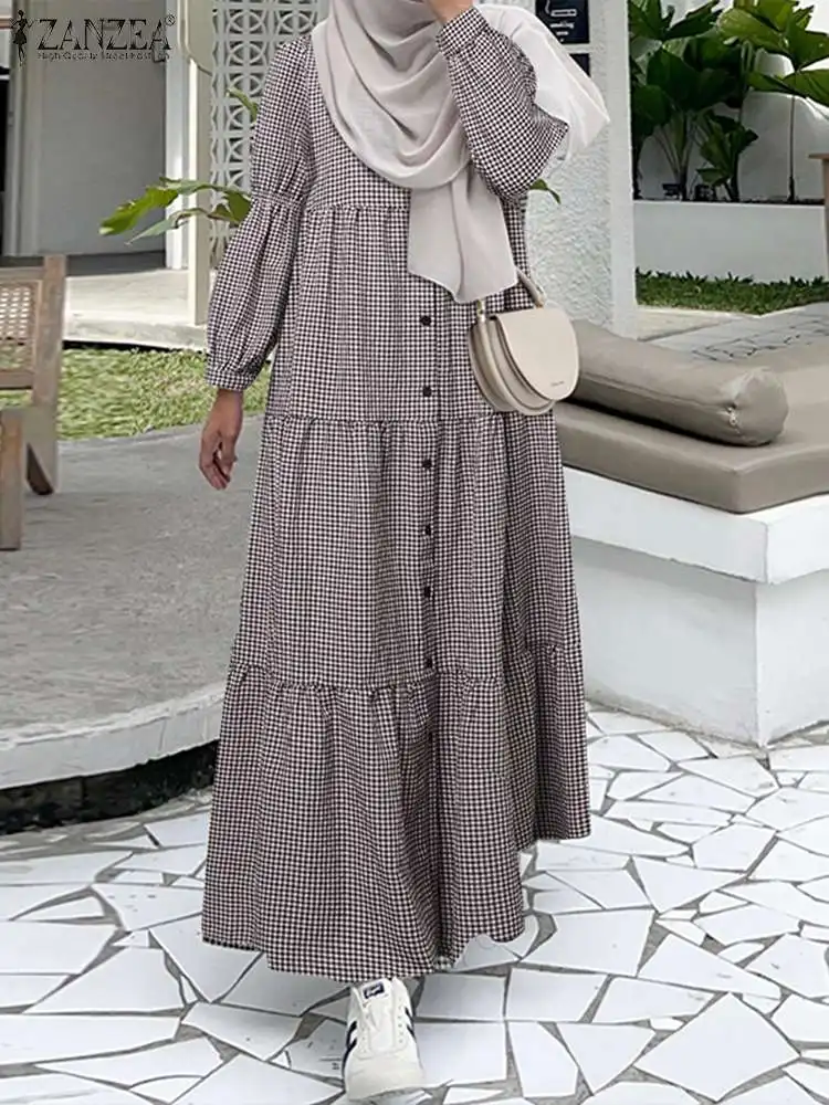 

Autumn Muslim Abaya Dress ZANZEA Women Vintage Long Sleeve Plaid Checked Sundress Fashion Maxi Long Vestidos Ramadan Turkey