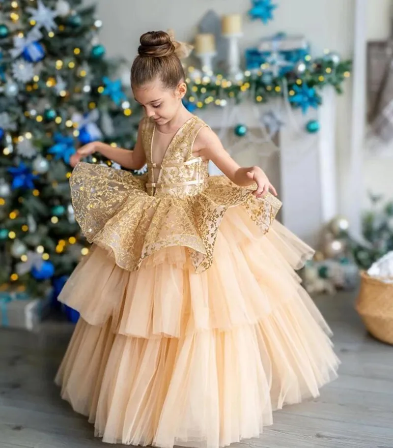 

Gold Princess Baby Girl Dress Long Skirt V Neck Lace Tulle Flower Girl Dress Wedding Kid Gown Girls Pageant Dress