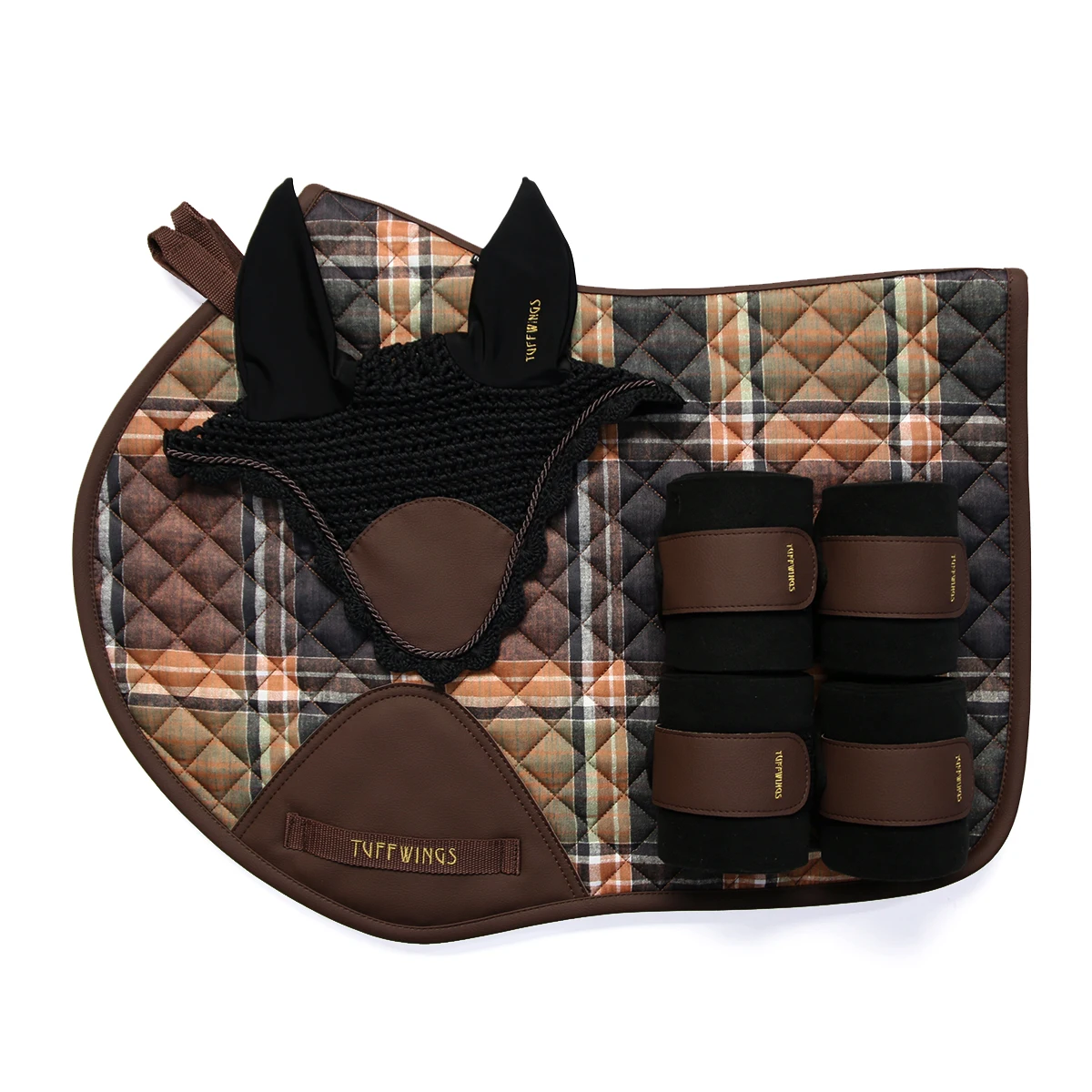 Horse Harness Black Brown Retro Plaid Equestrian Sweat Mat Horse Earmuffs Leggings