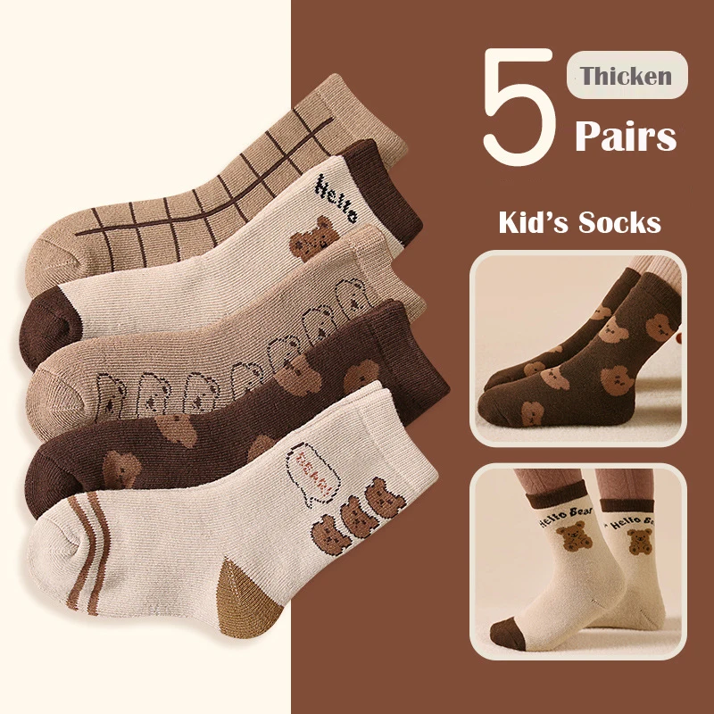 5 Pairs/lot Winter Kid\'s Socks Child Boy\'s Girl\'s Cartoon Bear Warm Cotton Socks Toddler Knitted England Style Warm socks
