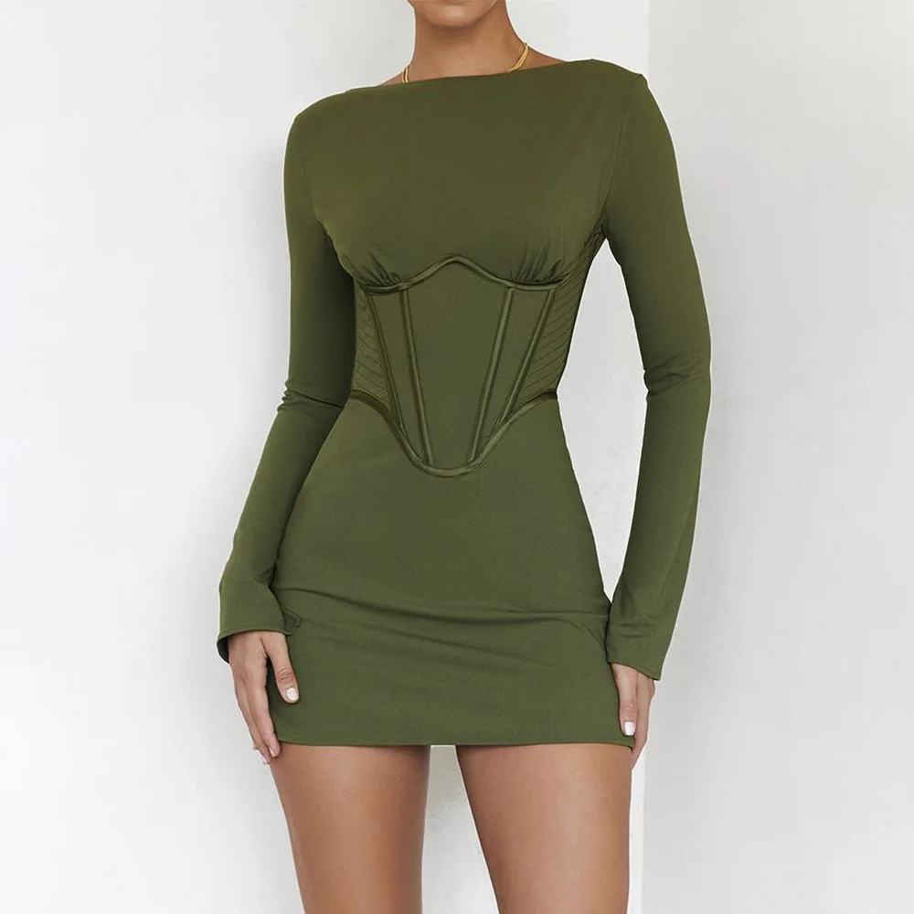 

KOYOUN Hot Girl Outfits for Women Long-sleeved Herringbone Waist Slim Fit Backless Dress Hip-hugging Short Cocktail Party Dress