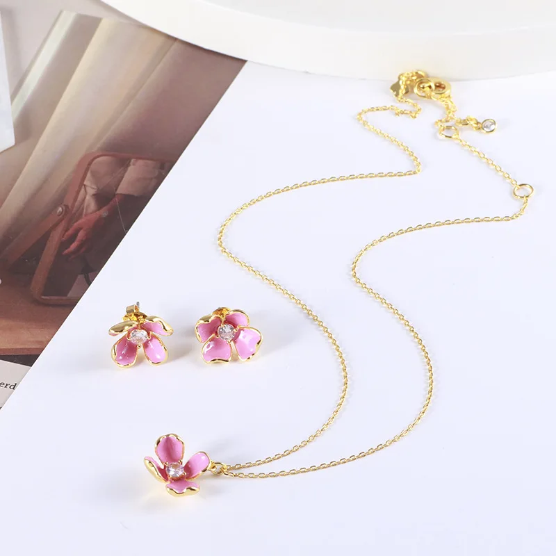 Cut Enamel Sparkling Pink Small Flowers Fresh Youthful Romantic Stud Earrings Necklace Piercing Jewelry Set Boho Trendy Korean