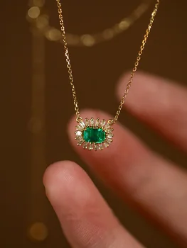 High Quality 925 Sterling Silver Retro Oval Green Zircon Pendant Necklace 18k Gold Plated Women Fashion Vintage Jewelry