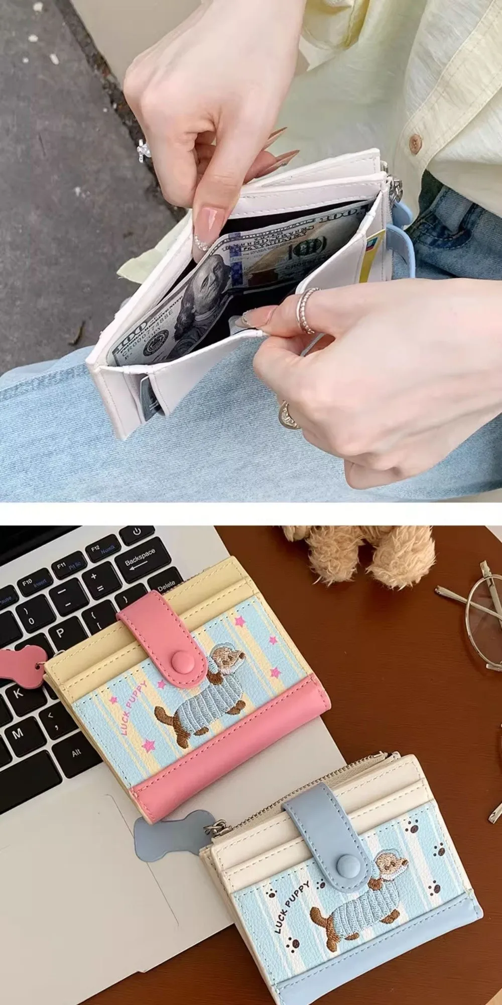 Korean Style Dachshund Embroidery Short Wallet Dopamine Color Zipper Card Bag PU Cartoon Dog Coin Purse Women Girl