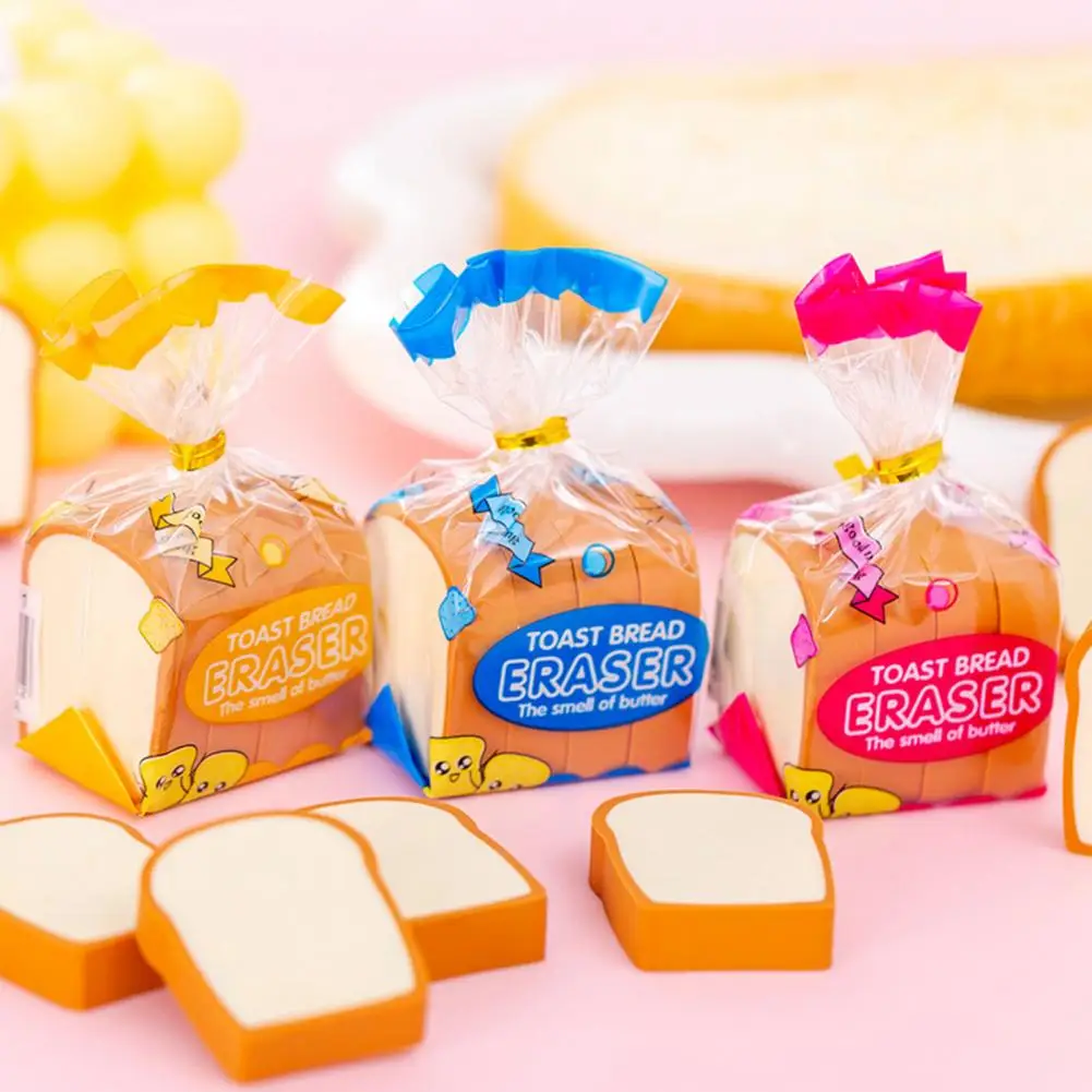 

4Pcs/Set Pencil Erasers Cute Cartoon Realistic High Toughness Traceless Wipe Clean Christmas Gift Funny Toast Bread for Students