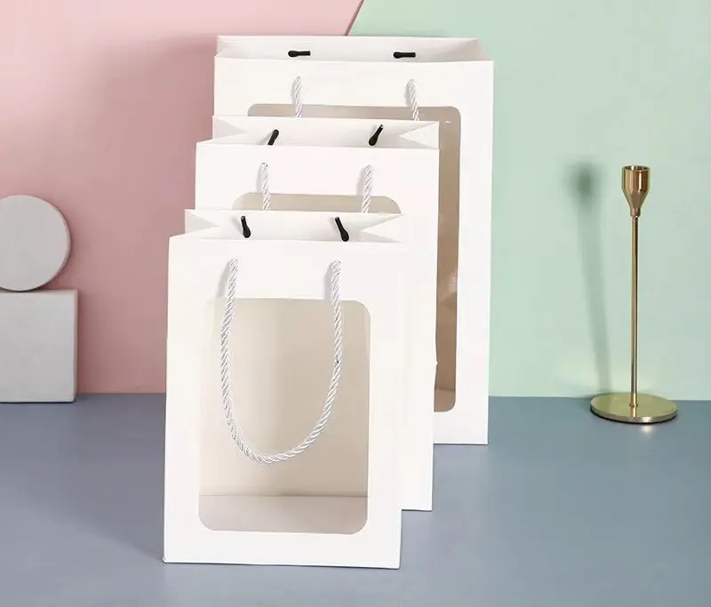 5er-Set Transparente Geschenktüten 35x25x15cm Tragetasche mit Griffen Rosa Weiß Geschenkpapiertüte Tragbare Geburtstagstüte für Kleinigkeiten – Detail 4