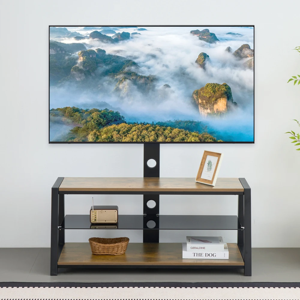 Holz-TV-Schrank mit Schwarzem Hartglas, Höhenverstellbarer Fernsehständer, Multidirektional Schwenkbar, Modernes TV-Board mit Wandhalterung – Detail 14