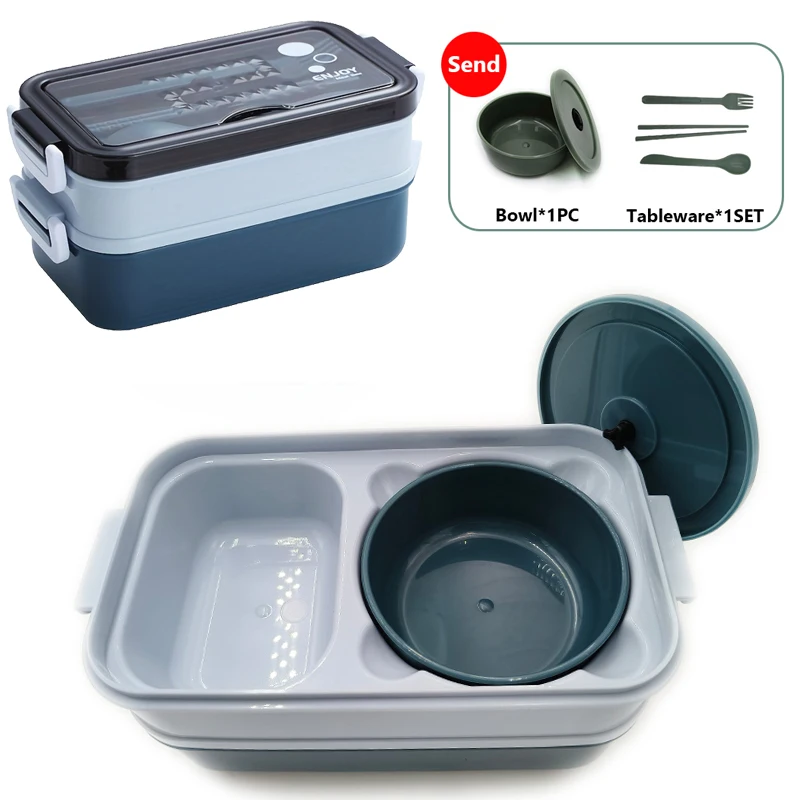 School start season double-layer microwave oven lunch box, including soup bowl, knife, fork and spoon, school lunch box