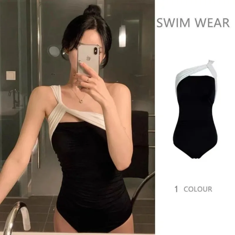 

Women One Piece Korea Style Textured Off Shoulder Beach Wear Cute Long Sleeve Bathing Suit Monokini Swimsuit